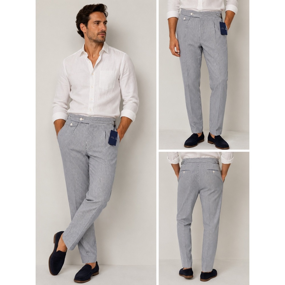 Polo Ralph Lauren Mens Seersucker Striped Trousers Side Buckle Blue White NEW